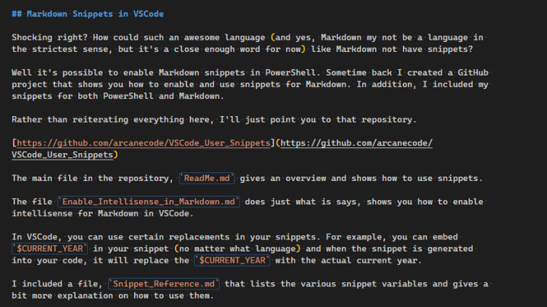 Fun With VSCode Snippets for Markdown and PowerShell – Arcane Code
